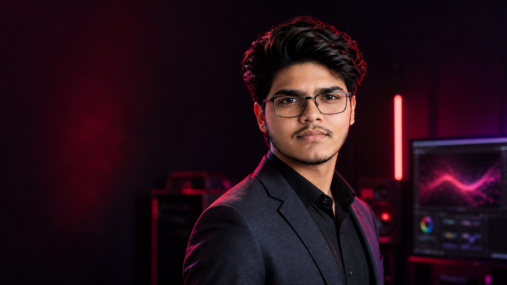 Daniyal wearing glasses and a charcoal blazer in a crimson-lit technology studio